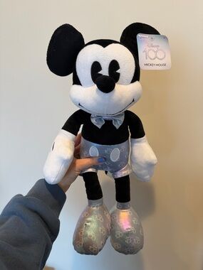NWT Disney 100 Mickey Mouse Plush Black White with Iridescent Silver Accents